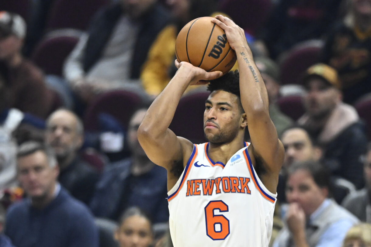 New York Knicks guard Quentin Grimes (6) shoots in the first quarter against the Cleveland Cavaliers at Rocket Mortgage FieldHouse