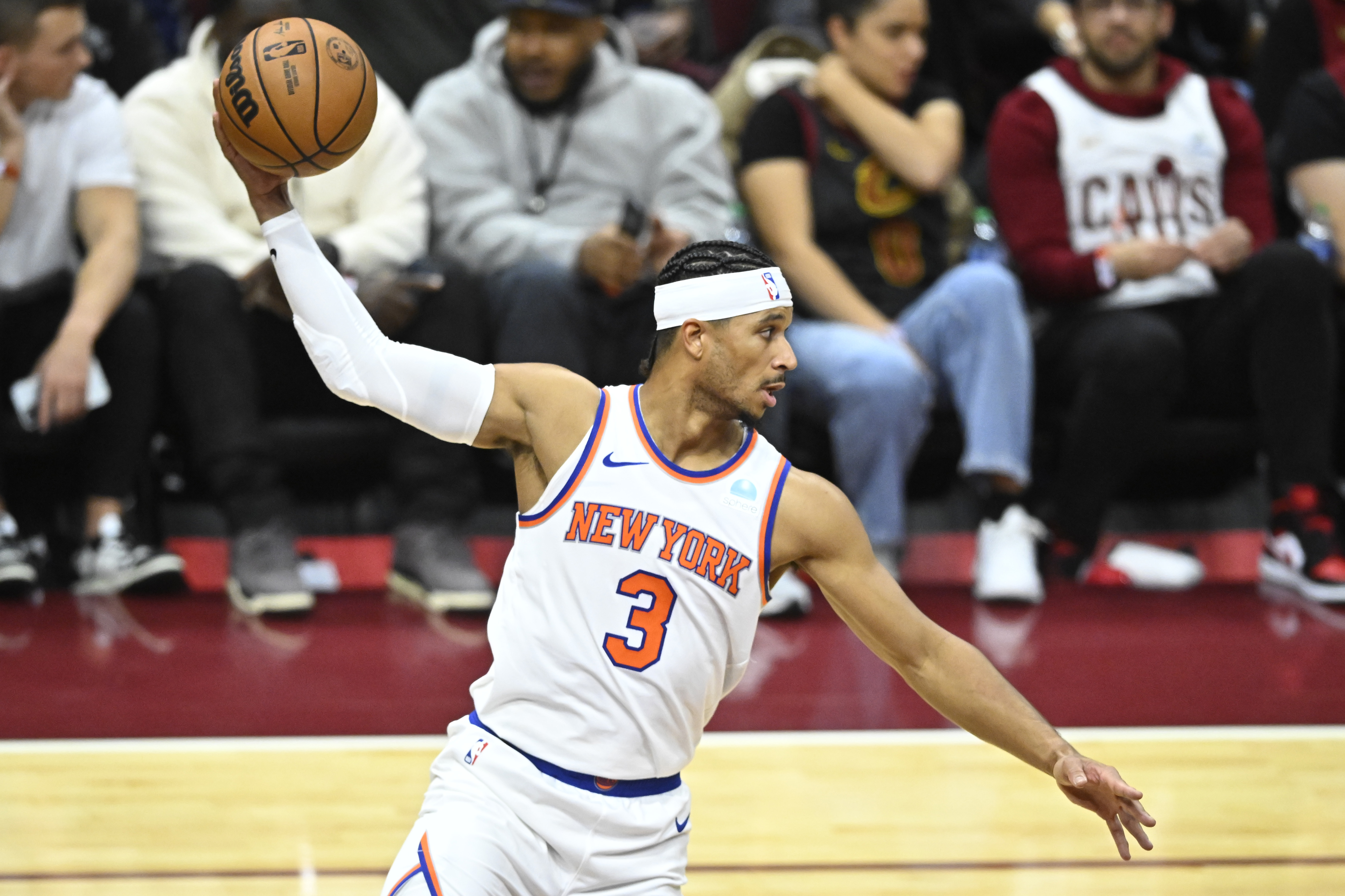 New York Knicks guard Josh Hart (3) rebounds in the fourth quarter against the Cleveland Cavaliers at Rocket Mortgage FieldHouse