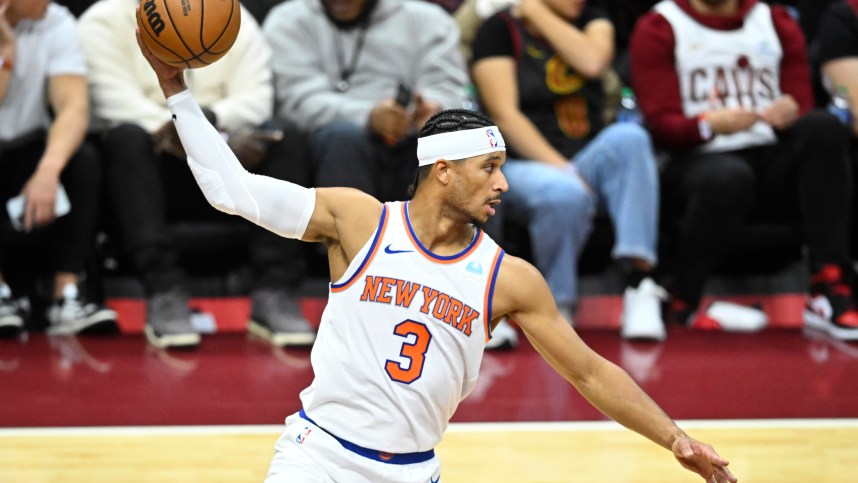 New York Knicks guard Josh Hart (3) rebounds in the fourth quarter against the Cleveland Cavaliers at Rocket Mortgage FieldHouse