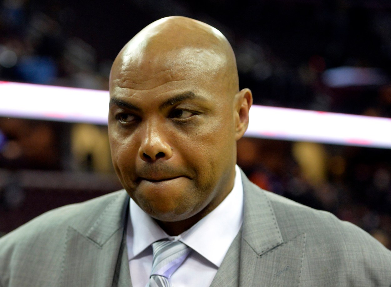 Former NBA player and current television personality Charles Barkley walks off the court after watching the New York Knicks defeat the Cleveland Cavaliers 95-90 at Quicken Loans Arena