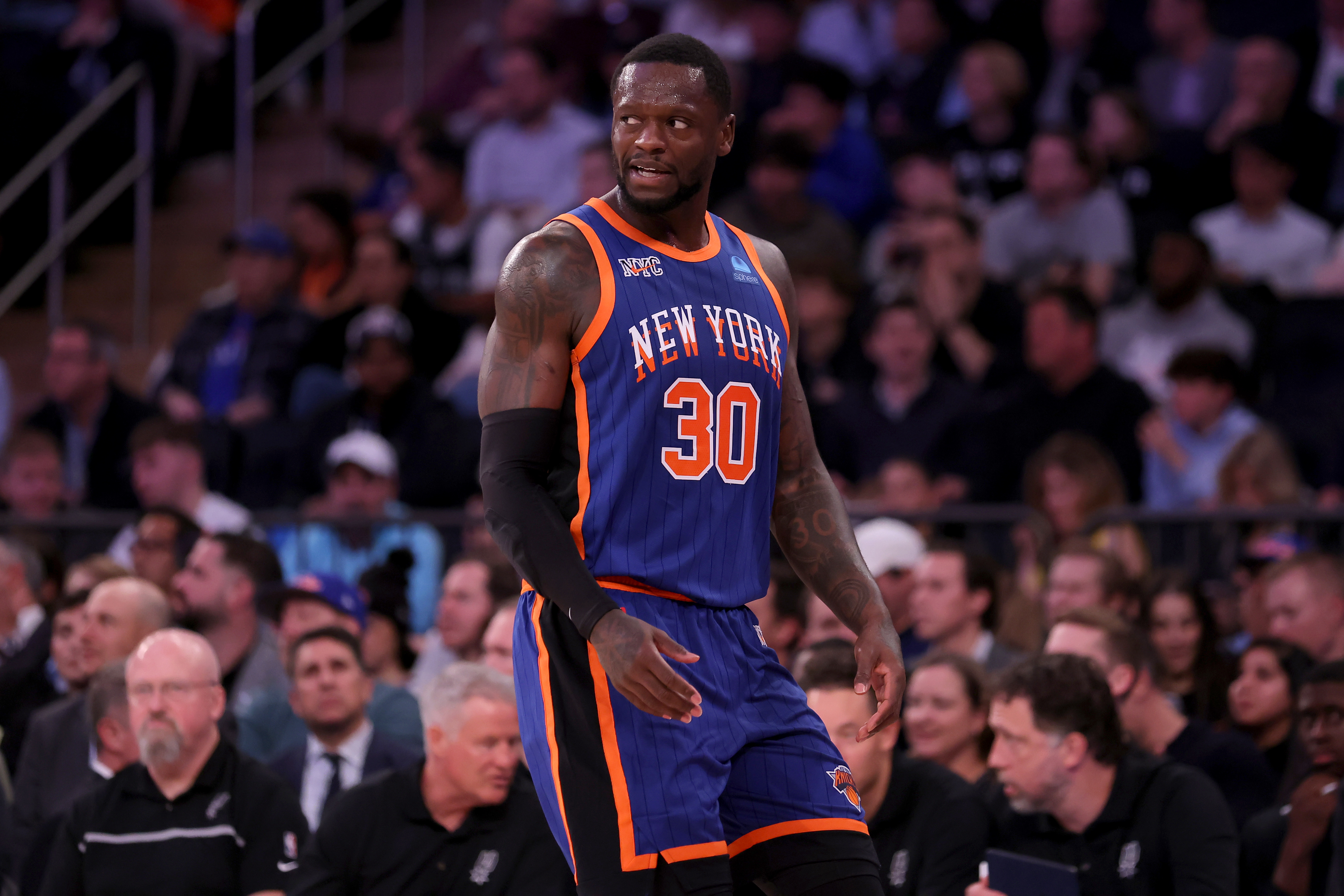 New York Knicks forward Julius Randle (30) reacts during the third quarter against the San Antonio Spurs at Madison Square Garden