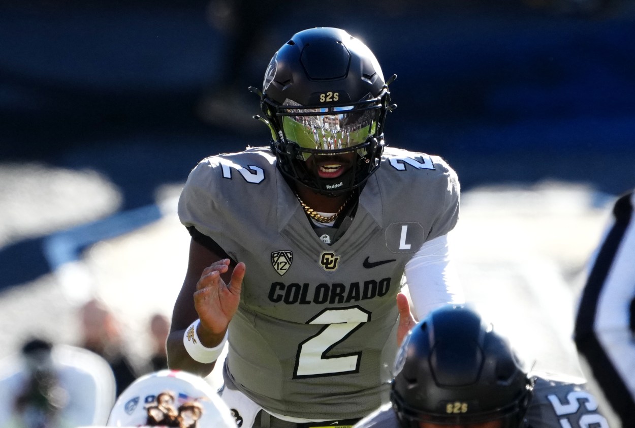 Colorado Buffaloes quarterback Shedeur Sanders (2) at the line of scrimmage in the first half against the Arizona Wildcats at Folsom Field (New York Giants prospect)