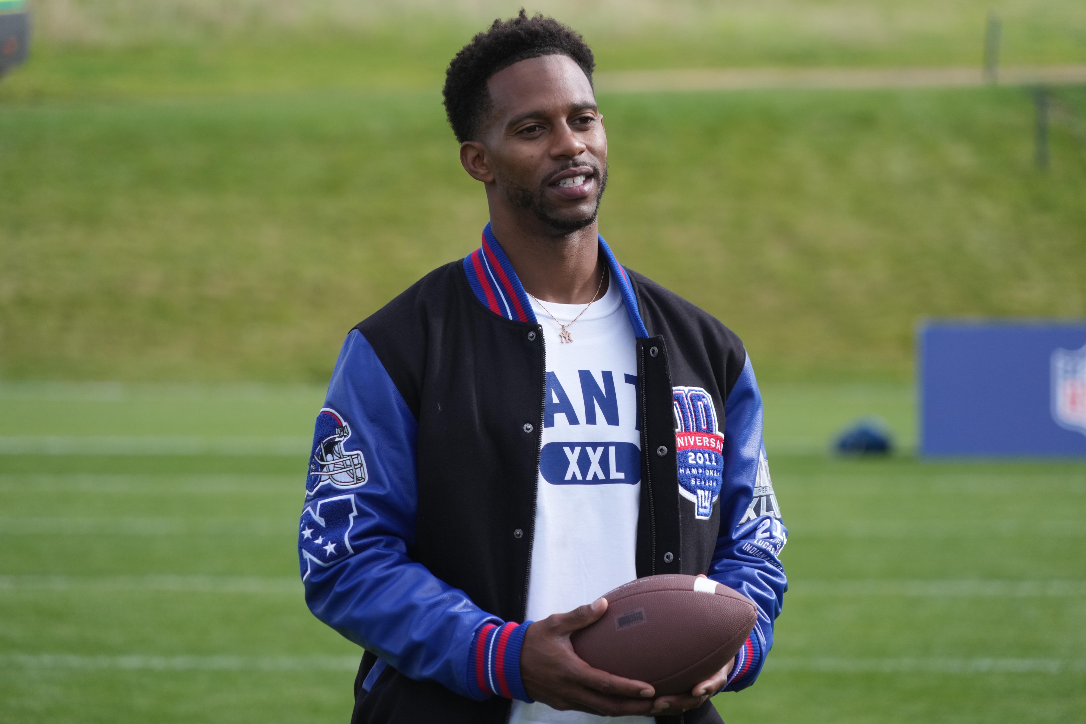 New York Giants former receiver Victor Cruz at Giants flag football community event at Hanbury Manor.