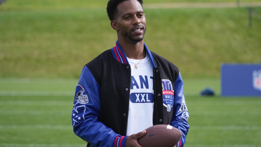 New York Giants former receiver Victor Cruz at Giants flag football community event at Hanbury Manor.