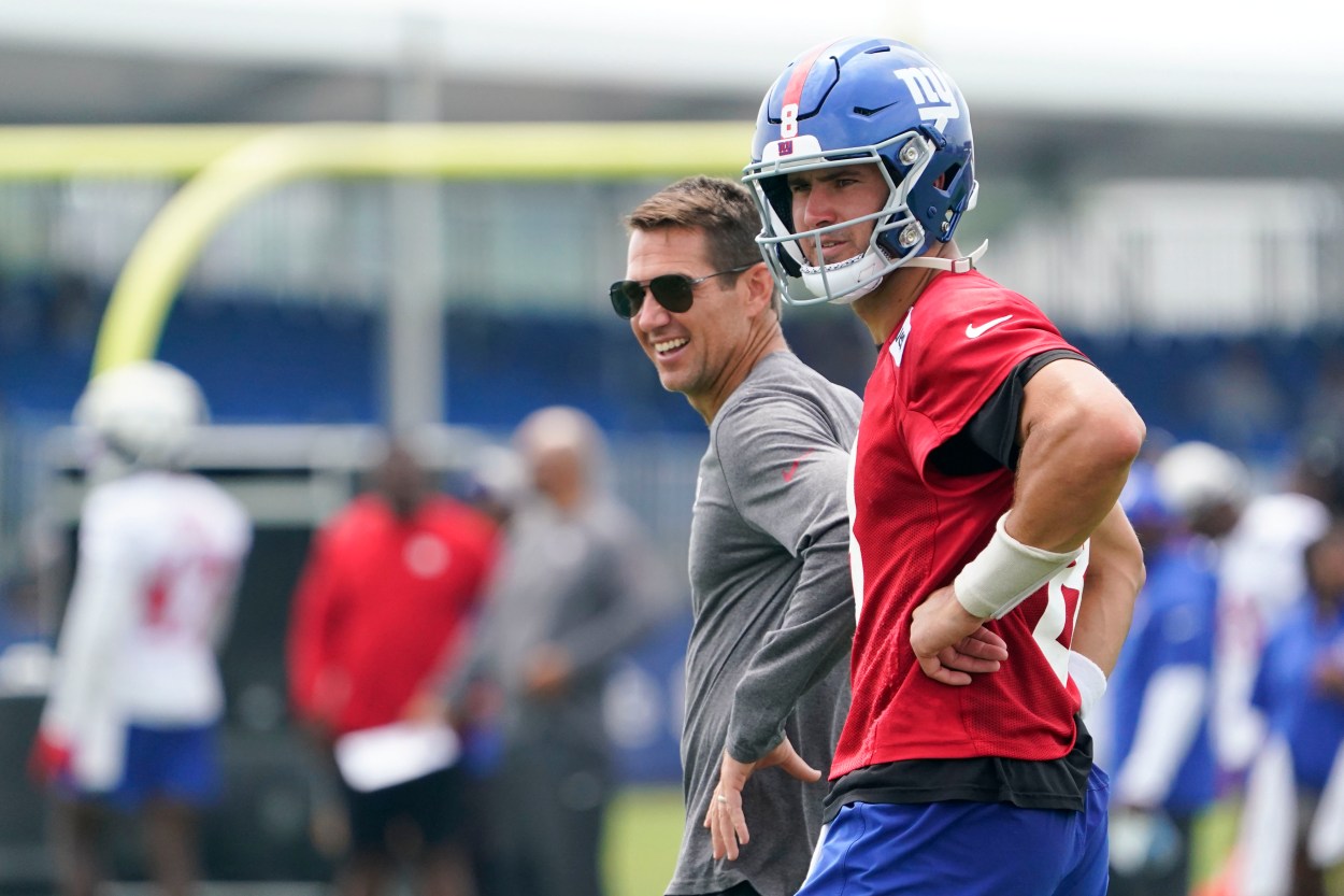 New York Giants quarterback Daniel Jones (8) and general manager Joe Schoen, left, on day two of training camp at the Quest Diagnostics Training Facility