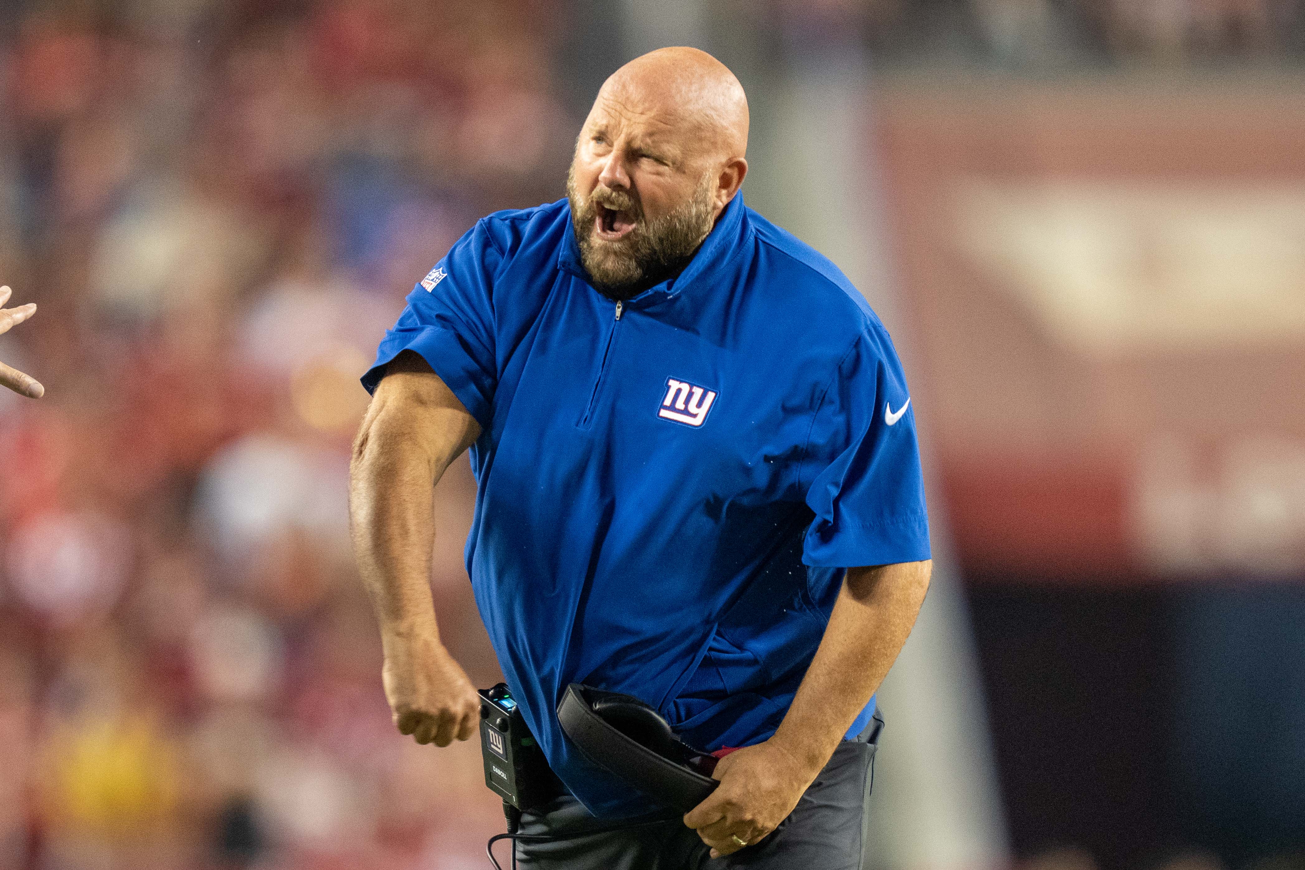 New York Giants head coach Brian Daboll argues with a referee during the third quarter against the San Francisco 49ers at Levi's Stadium