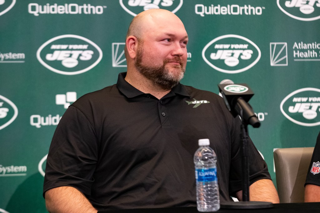 New York Jets general manager Joe Douglas addresses the media during the introductory press conference for quarterback Aaron Rodgers (8) (not pictured) at Atlantic Health Jets Training Center