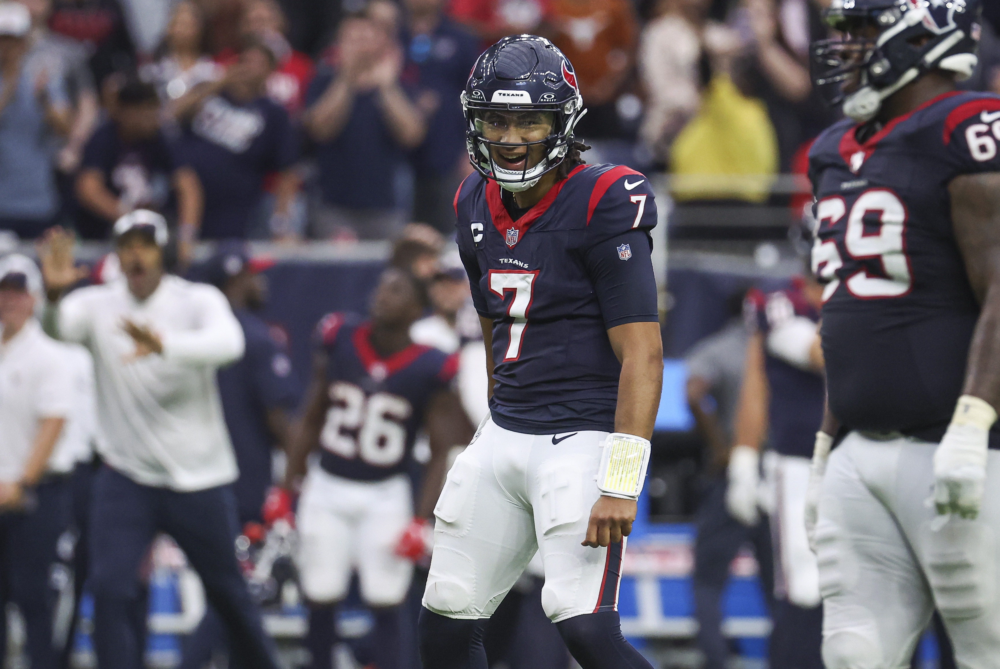 Houston Texans quarterback C.J. Stroud (7) reacts after a play during the fourth quarter against the Tampa Bay Buccaneers at NRG Stadium, New York Giants