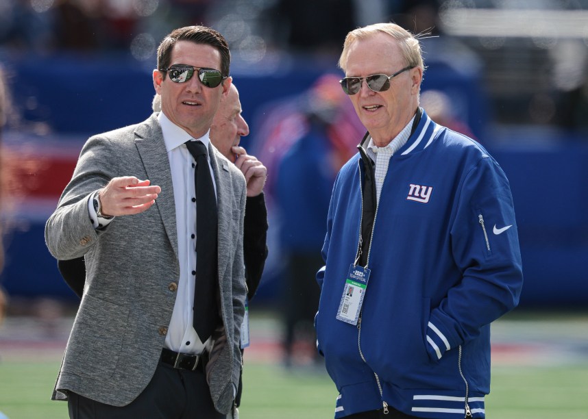 New York Giants general manager Joe Schoen (left) talks with with president and CEO John Mara (right) before the game against the Washington Commanders at MetLife Stadium