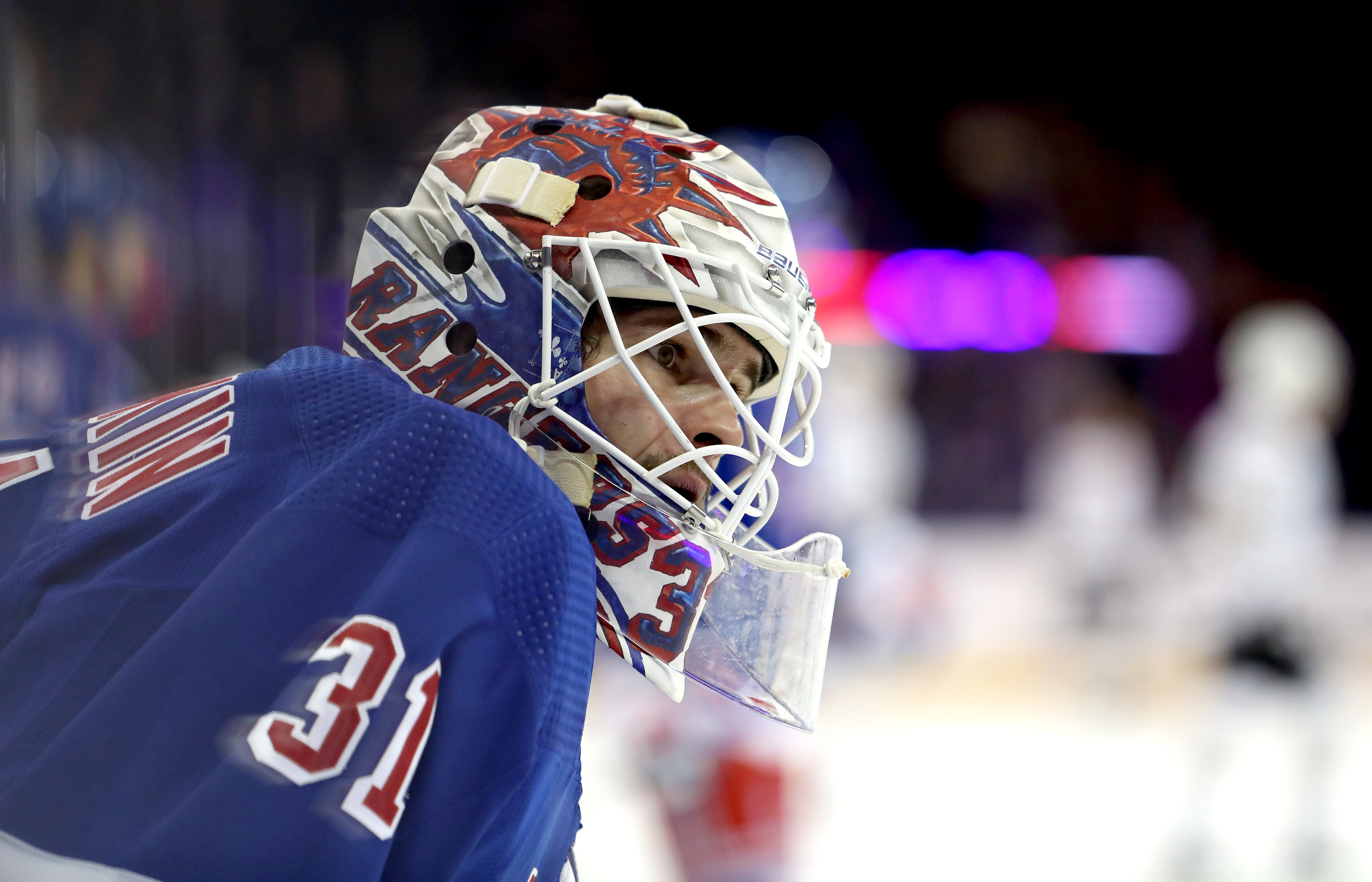 New York Rangers goalie Igor Shesterkin (31) warms up before the first period against the Boston Bruins at Madison Square Garden