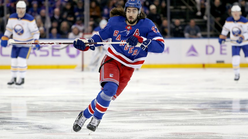 New York Rangers center Mika Zibanejad (93) skates against the Buffalo Sabres during the first period at Madison Square Garden