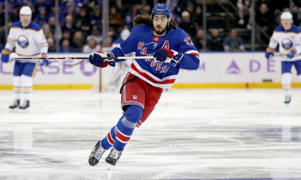 New York Rangers center Mika Zibanejad (93) skates against the Buffalo Sabres during the first period at Madison Square Garden