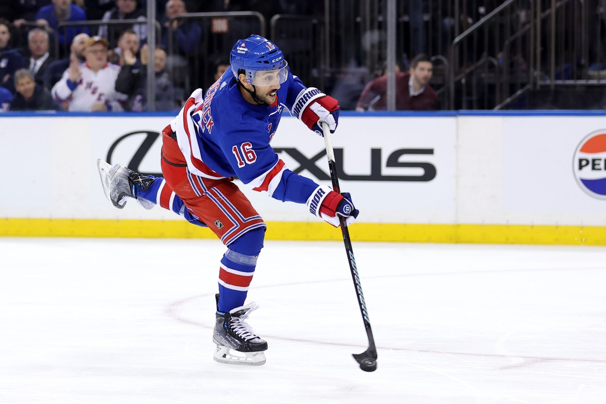 New York Rangers center Vincent Trocheck (16) takes a shot against the Minnesota Wild during the second period at Madison Square Garden