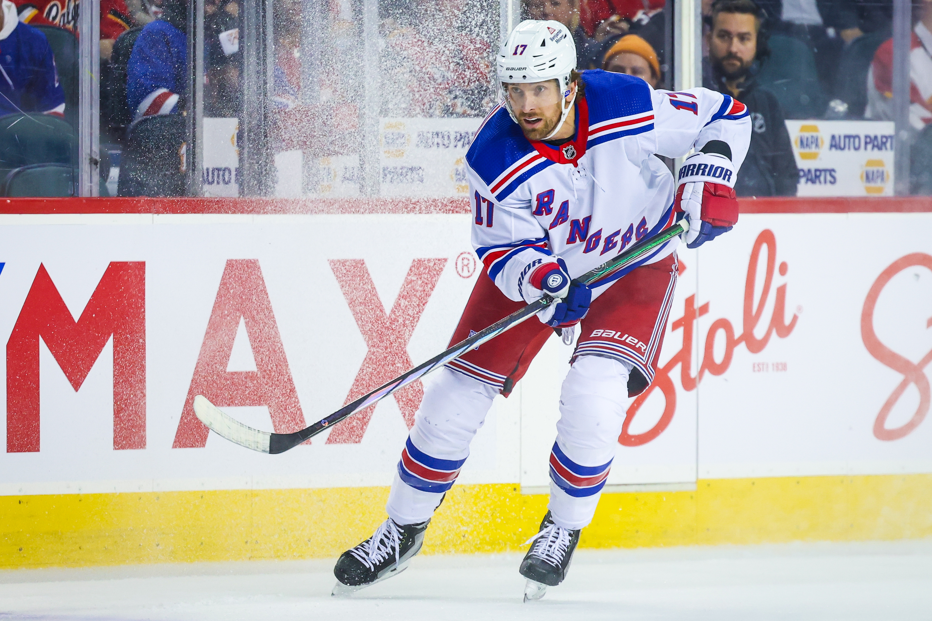 New York Rangers right wing Blake Wheeler (17) skates against the Calgary Flames during the first period at Scotiabank Saddledome