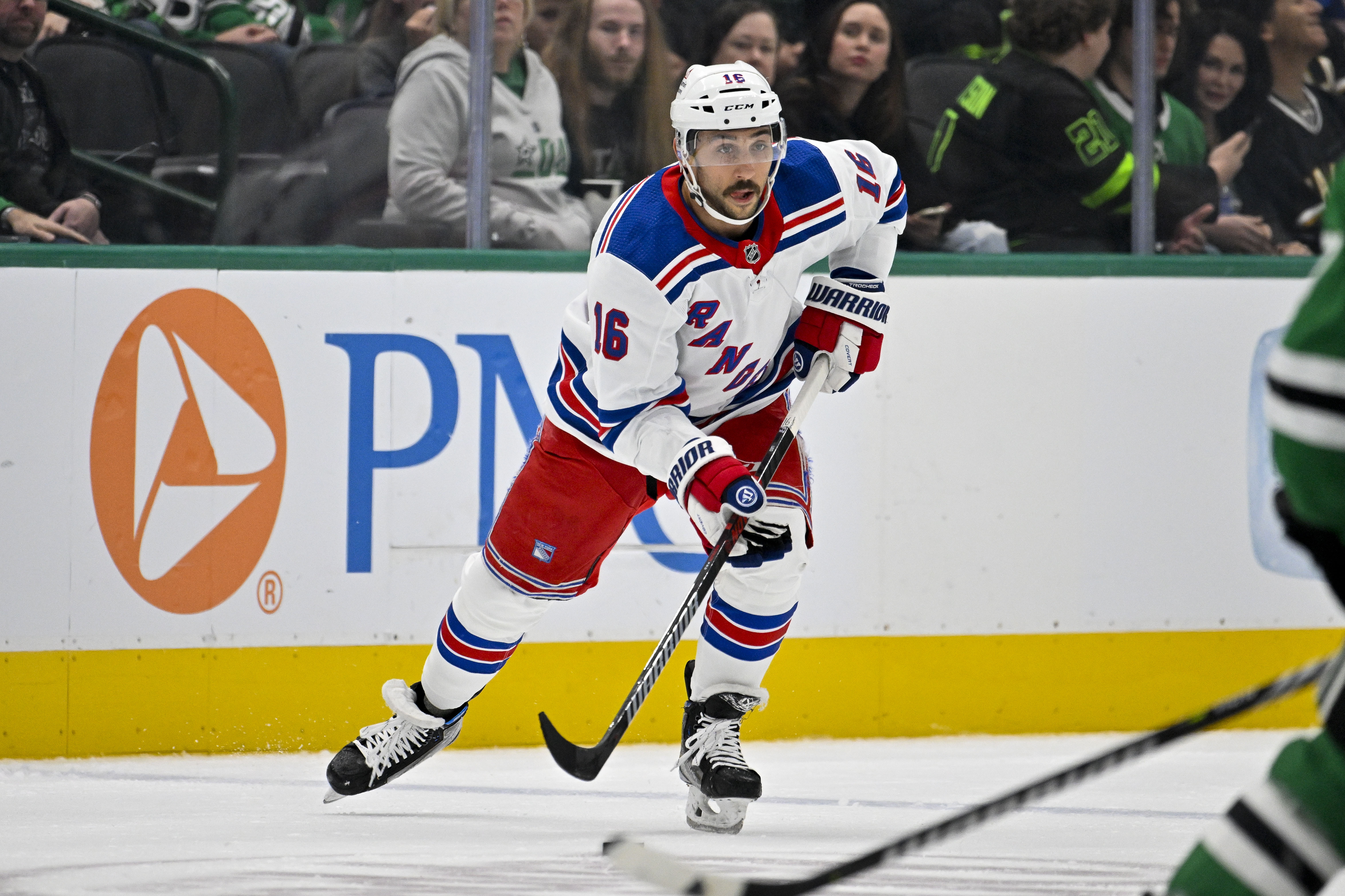 New York Rangers center Vincent Trocheck (16) in action during the game between the Dallas Stars and the New York Rangers at the American Airlines Center