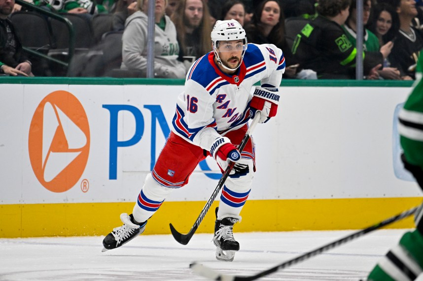 New York Rangers center Vincent Trocheck (16) in action during the game between the Dallas Stars and the New York Rangers at the American Airlines Center