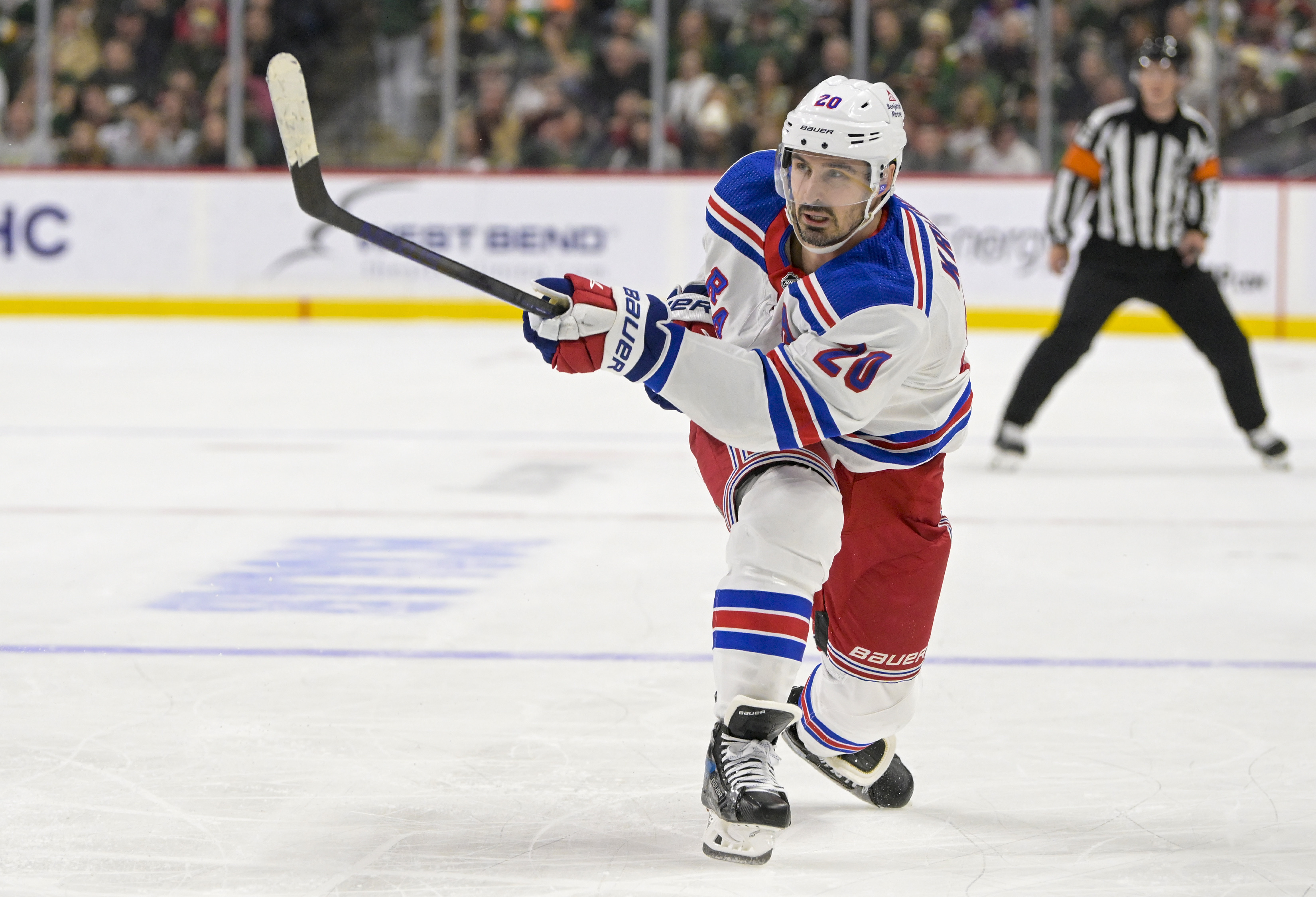 New York Rangers forward Chris Kreider (20) takes a shot on goal against the Minnesota Wild during the third period at Xcel Energy Center