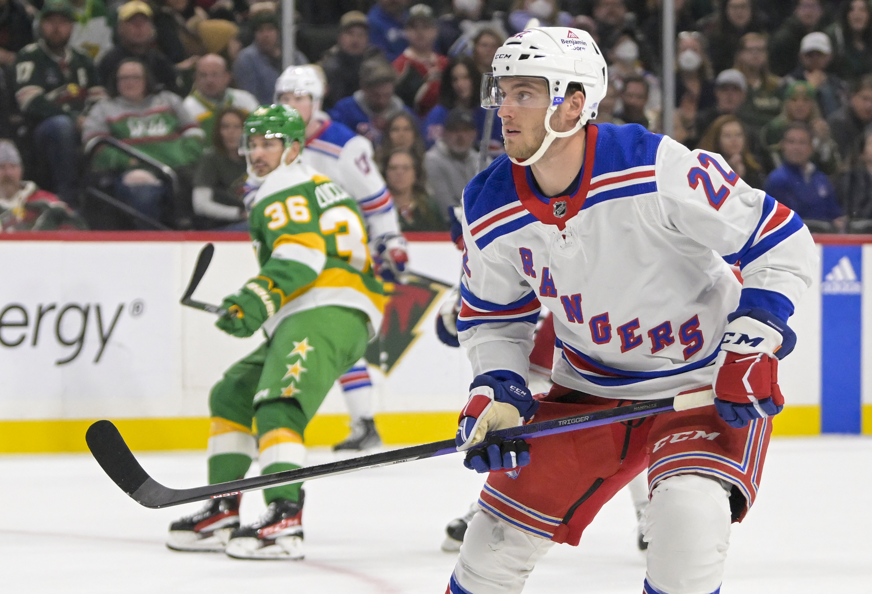 New York Rangers forward Jonny Brodzinski (22) follows the play against the Minnesota Wild during the first period at Xcel Energy Center