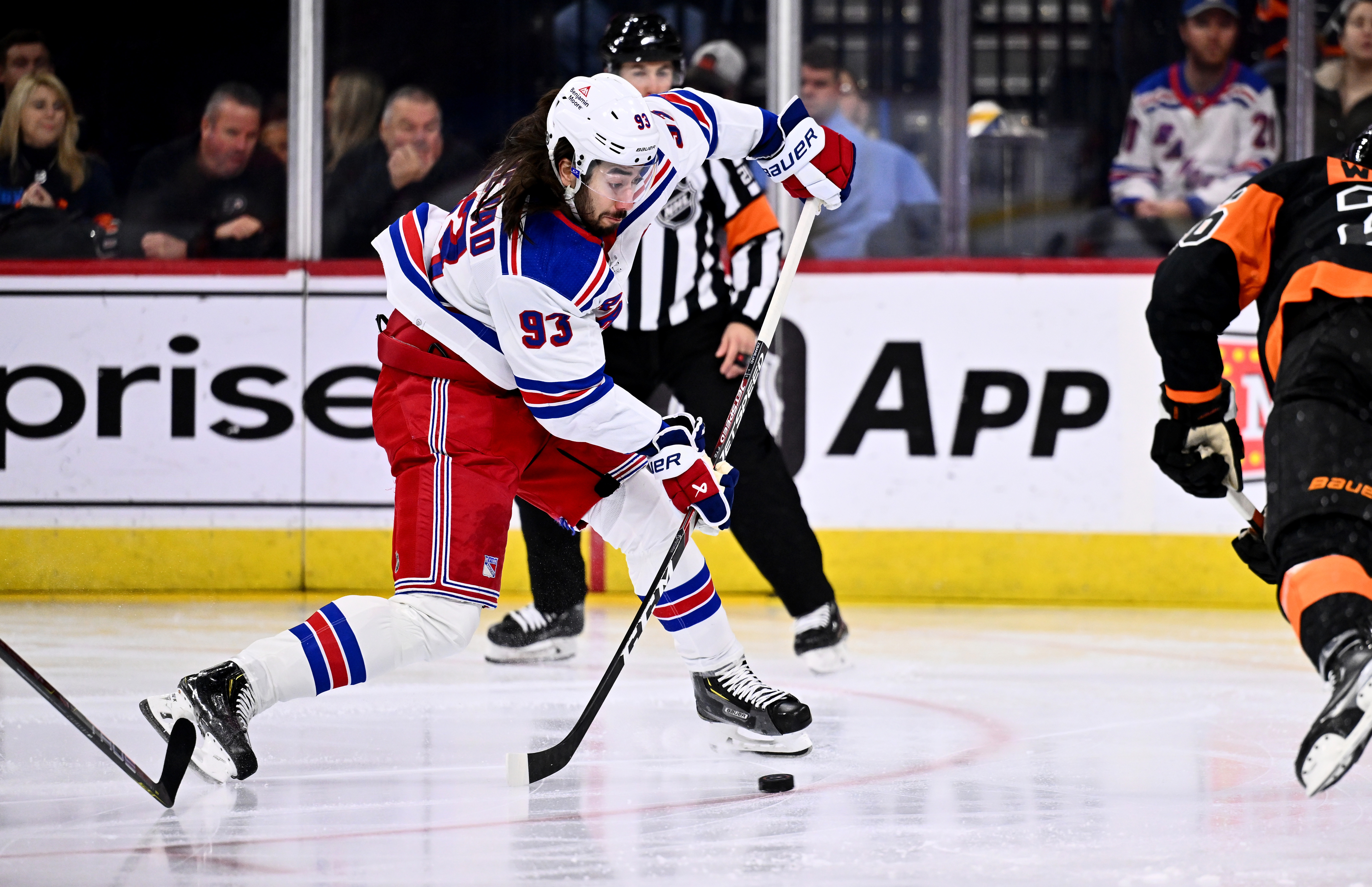 New York Rangers center Mika Zibanejad (93) scores a goal against the Philadelphia Flyers in the first period at Wells Fargo Center