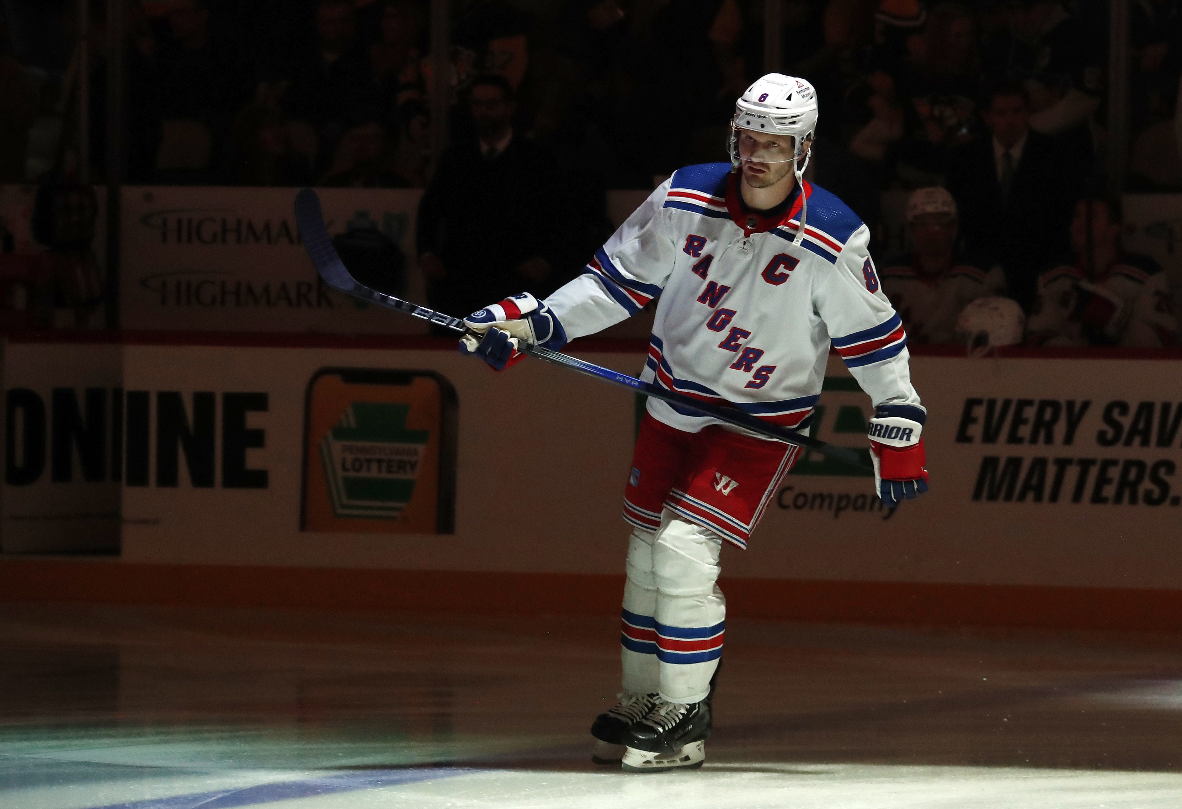 New York Rangers defenseman Jacob Trouba (8) takes the ice to play the Pittsburgh Penguins at PPG Paints Arena