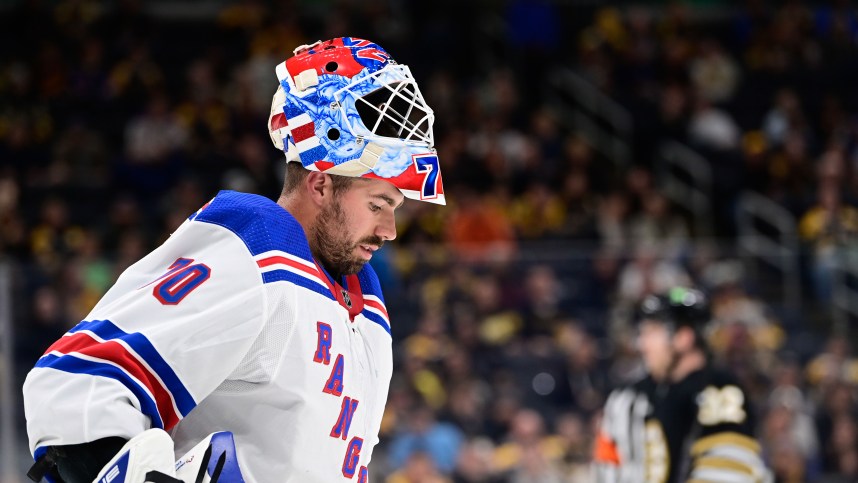 New York Rangers goalie Louis Domingue (70)  waits for play to begin against the Boston Bruins during the third period at TD Garden