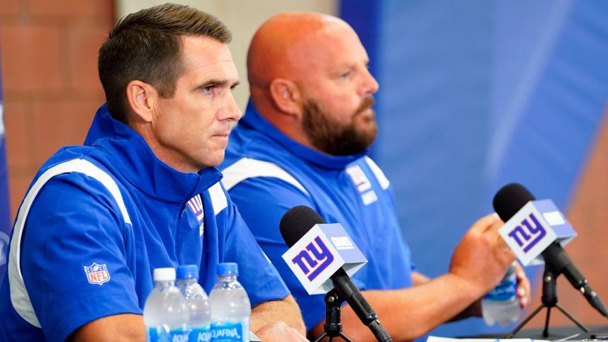 New York Giants general manager Joe Schoen, left, and head coach Brian Daboll hold a press conference before the first day of training camp at Quest Diagnostics Training Center in East Rutherford