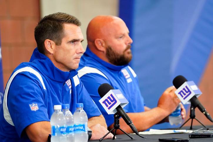 New York Giants general manager Joe Schoen, left, and head coach Brian Daboll hold a press conference before the first day of training camp at Quest Diagnostics Training Center in East Rutherford