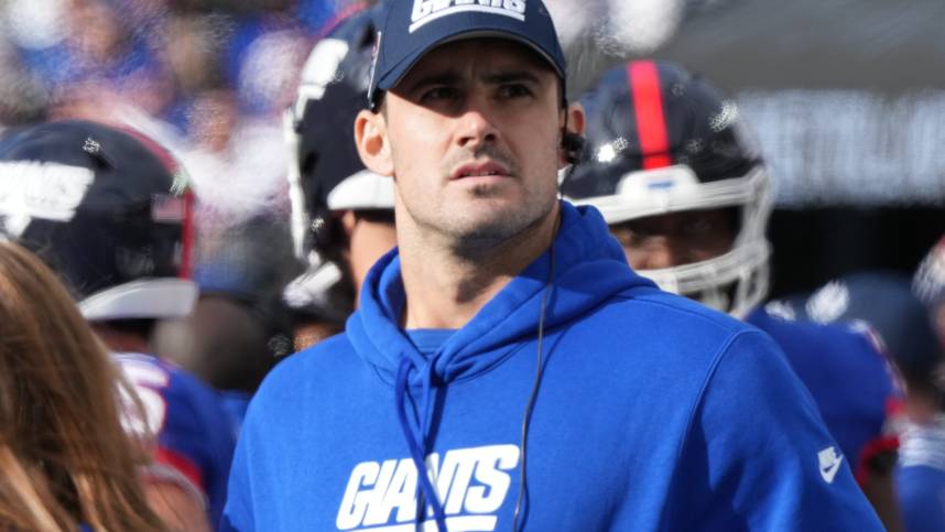 Daniel Jones of the Giants on the sidelines in the second half. The NY Giants host the Washington Commanders at MetLife Stadium in East Rutherford