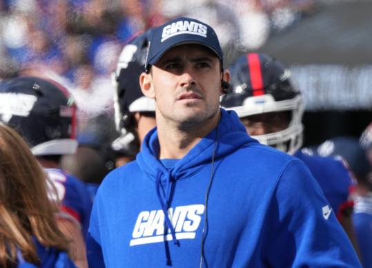 Daniel Jones of the Giants on the sidelines in the second half. The NY Giants host the Washington Commanders at MetLife Stadium in East Rutherford