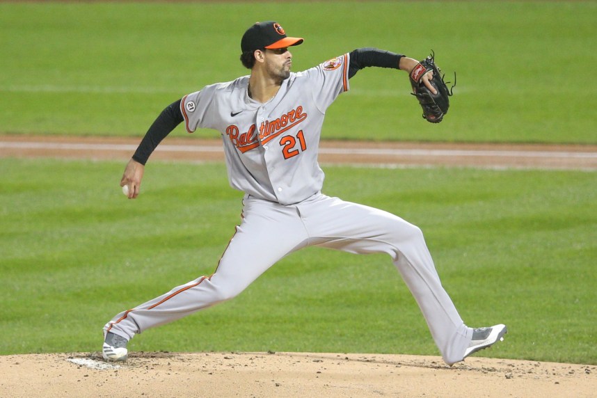 Baltimore Orioles starting pitcher Jorge Lopez (21) pitches against the New York Mets during the first inning at Citi Field