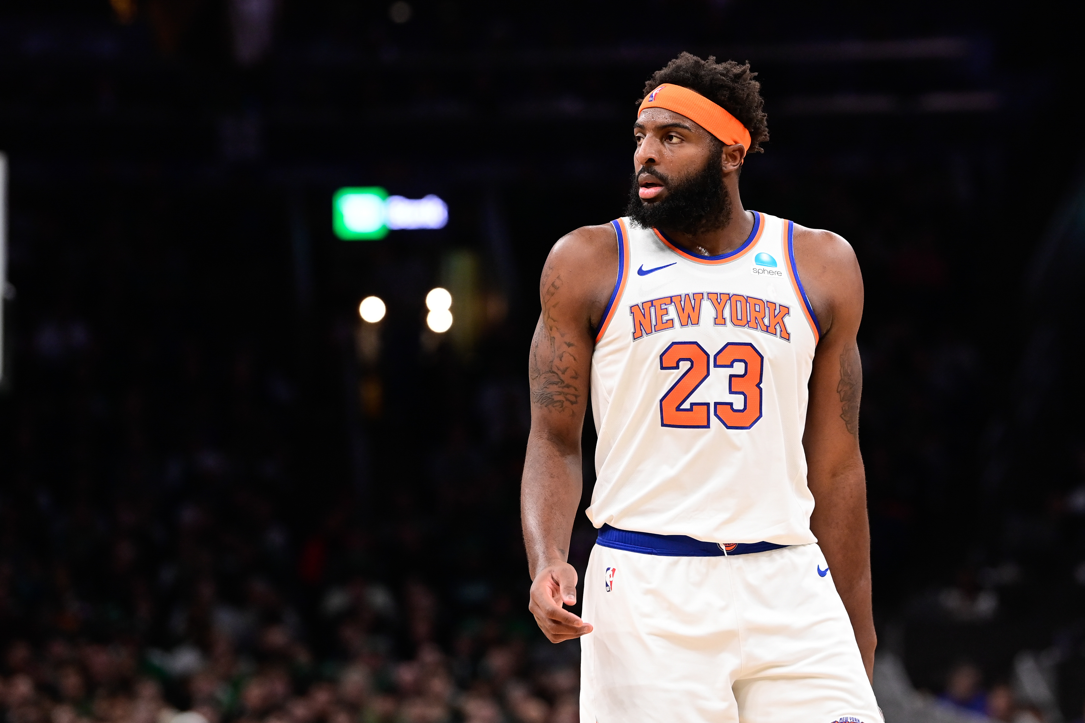 New York Knicks center Mitchell Robinson (23) looks on during the first half against the Boston Celtics at TD Garden