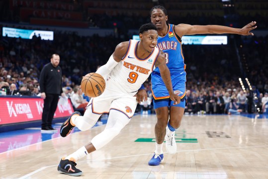 New York Knicks guard RJ Barrett (9) moves around Oklahoma City Thunder forward Jalen Williams (8) during the second quarter at Paycom Center