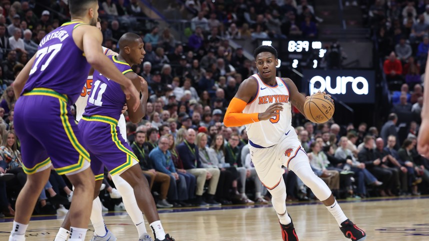 New York Knicks guard RJ Barrett (9) drives to the basket against the Utah Jazz during the second quarter at Delta Center