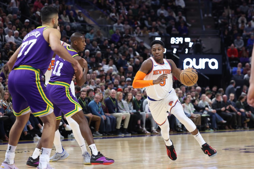 New York Knicks guard RJ Barrett (9) drives to the basket against the Utah Jazz during the second quarter at Delta Center
