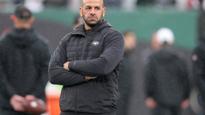 New York Jets head coach Robert Saleh watches his team warm up before a game against the Atlanta Falcons at MetLife Stadium