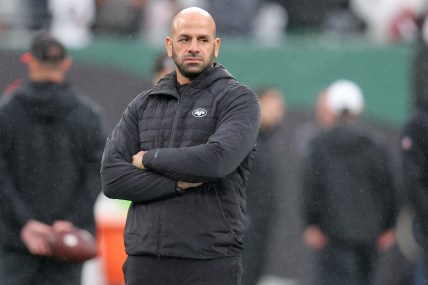 New York Jets head coach Robert Saleh watches his team warm up before a game against the Atlanta Falcons at MetLife Stadium