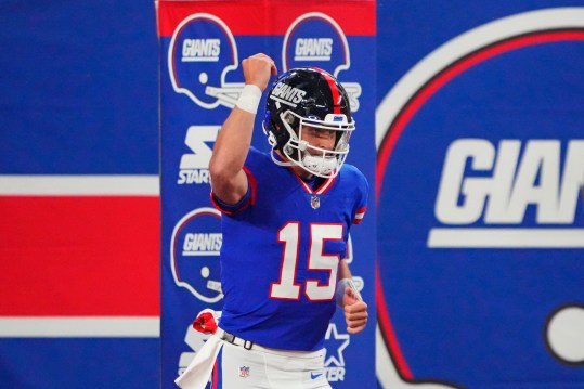 New York Giants quarterback Tommy DeVito (15) reacts before the game against the Green Bay Packers at MetLife Stadium