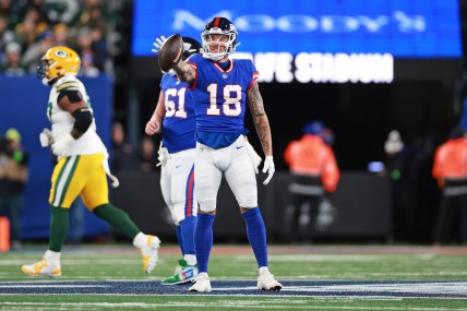 New York Giants wide receiver Isaiah Hodgins (18) reacts during the second quarter against the Green Bay Packers at MetLife Stadium