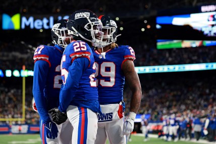 New York Giants cornerback Deonte Banks (25) celebrates after a play during the fourth quarter against the Green Bay Packers at MetLife Stadium