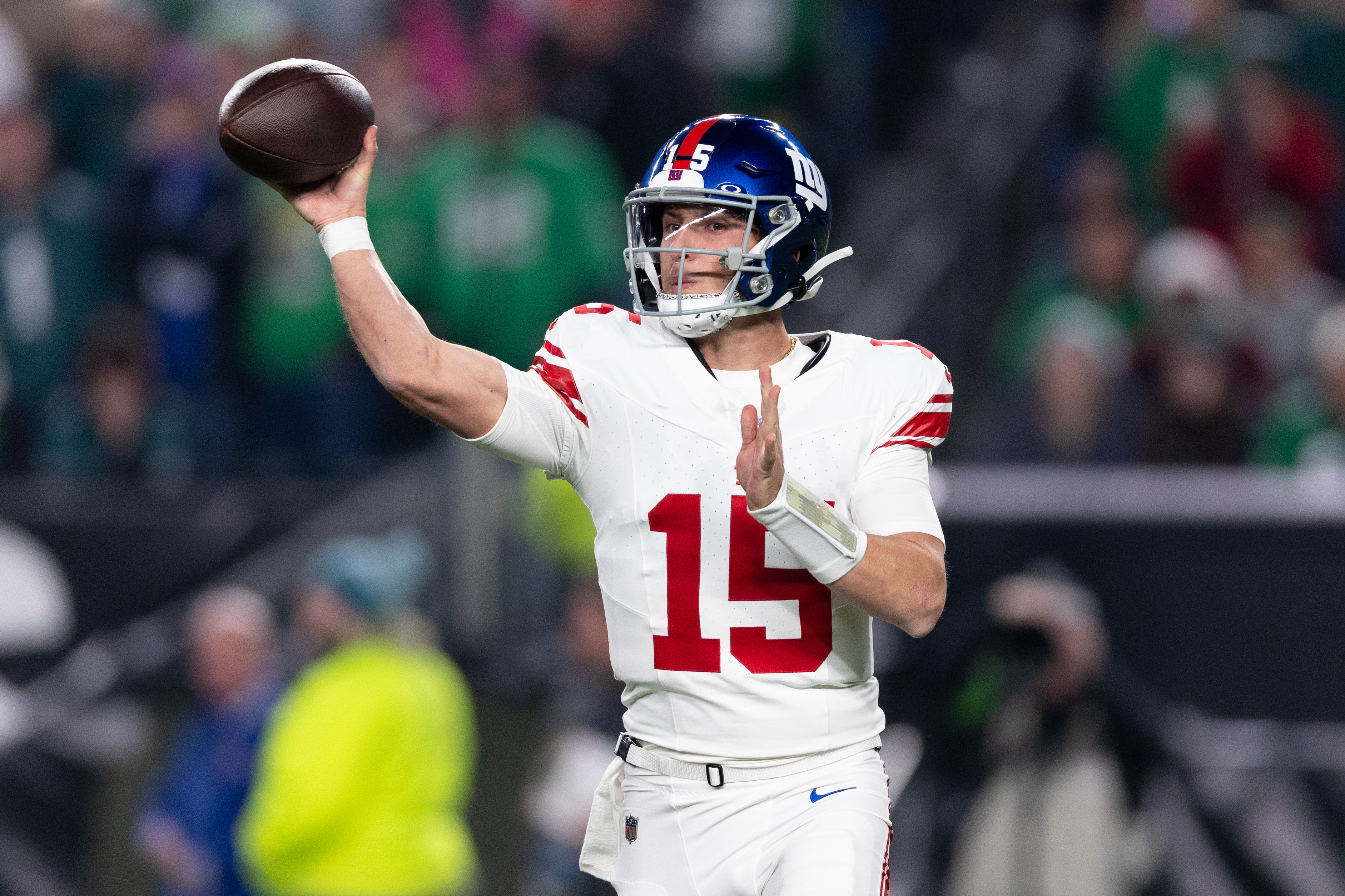 New York Giants quarterback Tommy DeVito (15) passes the ball against the Philadelphia Eagles during the second quarter at Lincoln Financial Field