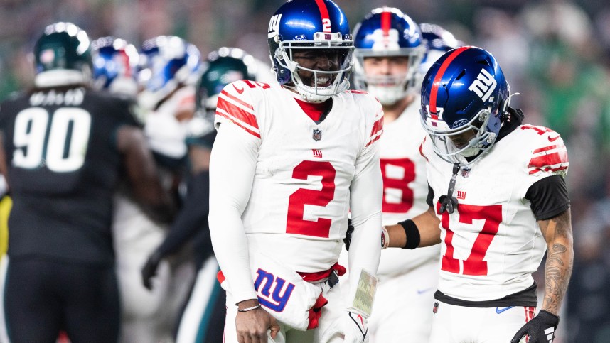 New York Giants quarterback Tyrod Taylor (2) reacts after a being tackled hard against the Philadelphia Eagles during the third quarter at Lincoln Financial Field