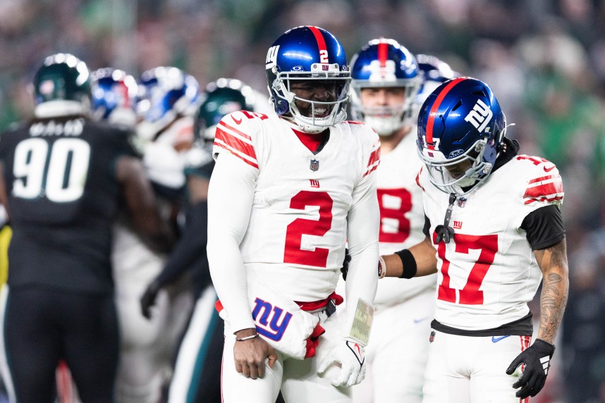 New York Giants quarterback Tyrod Taylor (2) reacts after a being tackled hard against the Philadelphia Eagles during the third quarter at Lincoln Financial Field
