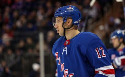 New York Rangers center Nick Bonino (12) skates during the third period against the Boston Bruins at Madison Square Garden
