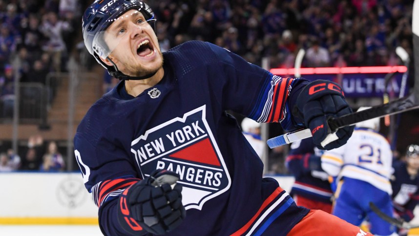 New York Rangers left wing Artemi Panarin (10) celebrates his goal against the Buffalo Sabres during the first period at Madison Square Garden