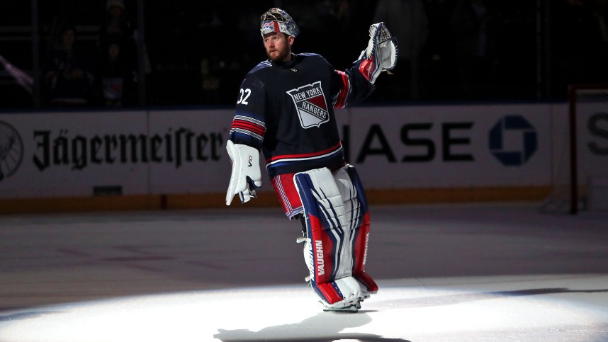 New York Rangers goalie Jonathan Quick (32) is acknowledged as the first star of a 4-1 win against the Los Angeles Kings at Madison Square Garden