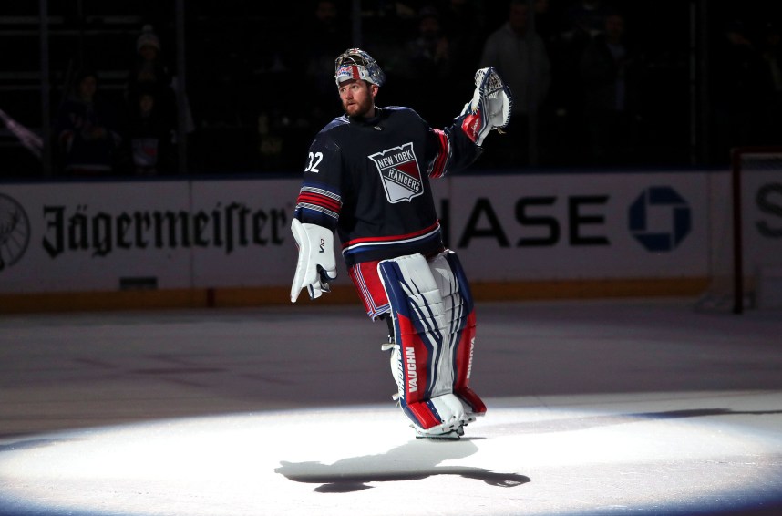 New York Rangers goalie Jonathan Quick (32) is acknowledged as the first star of a 4-1 win against the Los Angeles Kings at Madison Square Garden