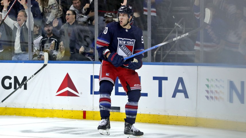 New York Rangers left wing Will Cuylle (50) celebrates after his goal against the Los Angeles Kings during the third period at Madison Square Garden