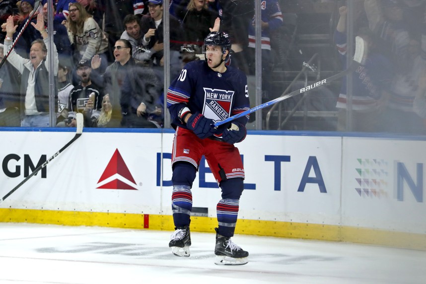 New York Rangers left wing Will Cuylle (50) celebrates after his goal against the Los Angeles Kings during the third period at Madison Square Garden