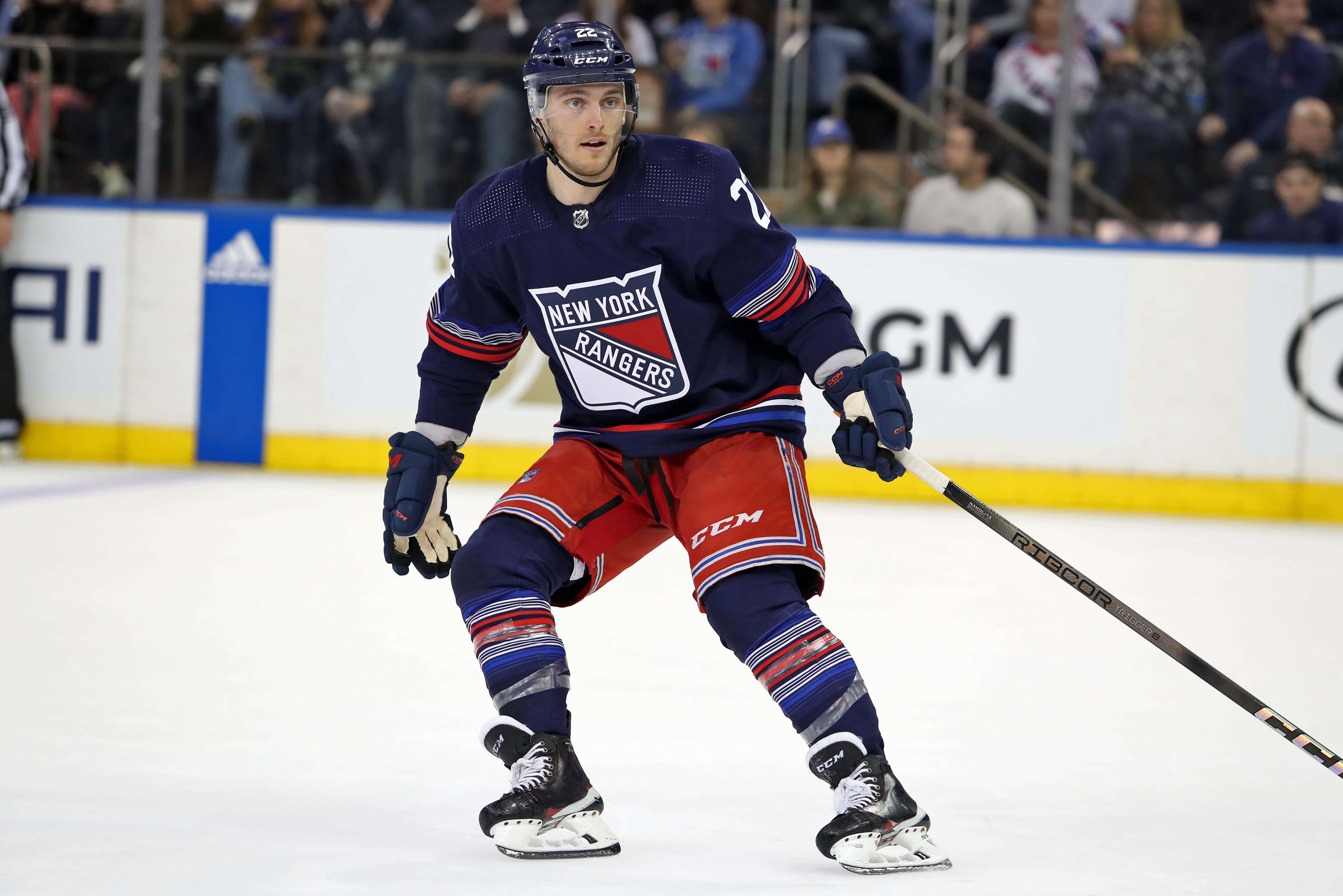 New York Rangers center Jonny Brodzinski (22) skates against the Los Angeles Kings during the third period at Madison Square Garden