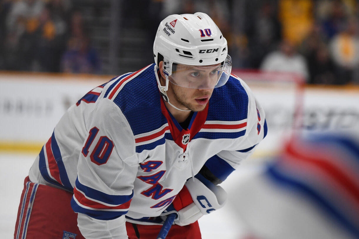 New York Rangers left wing Artemi Panarin (10) waits for a face off against the Nashville Predators during the second period at Bridgestone Arena